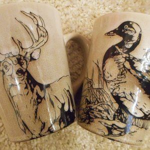 Set of 2! Pfaltzgraff Wildlife Adventure Coffee Mugs Elk, Duck Tan/Blue-12oz